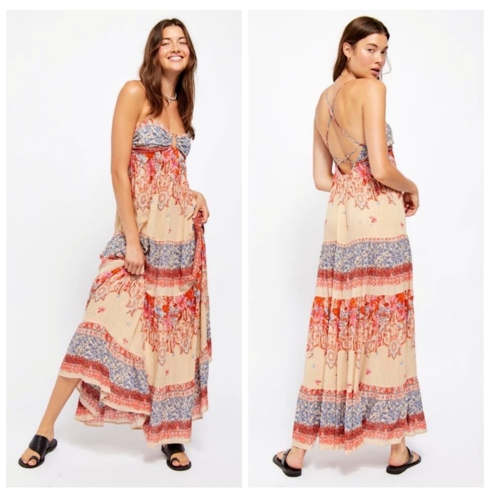 Free People Beige Floral Tiered Maxi Dress with Red and Blue Accents